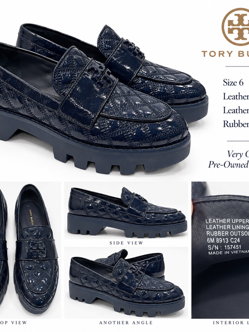 Tory Burch woman’s Navy Patent Leather Lug Sole Penny Loafers size 6 M